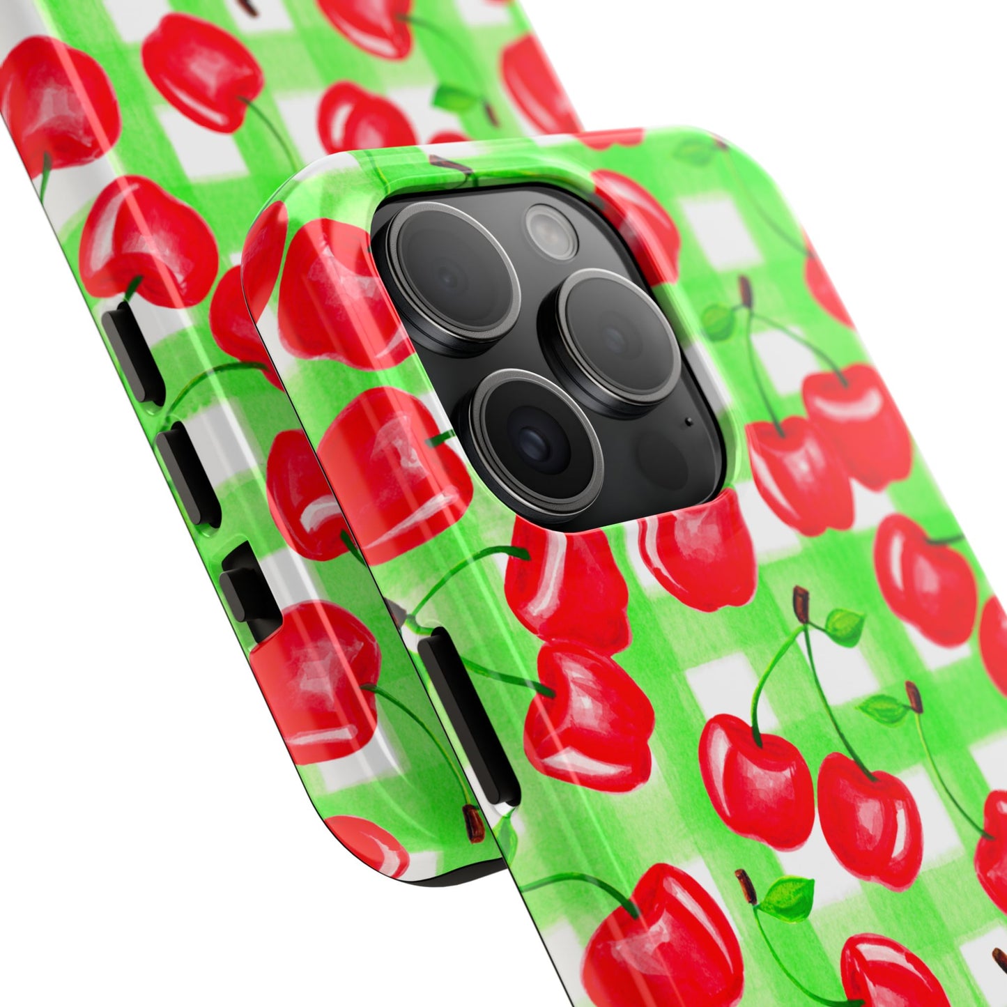 Red Tossed Cherries Green Gingham Watercolor Illustrated Tough Phone Case | Various Models Available