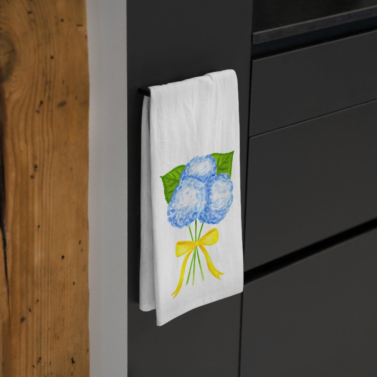 Tea Towel | Watercolor Blue Hydrangeas with Yellow Bow Printed Illustration | Preppy Coastal Kitchen Decor Gifts