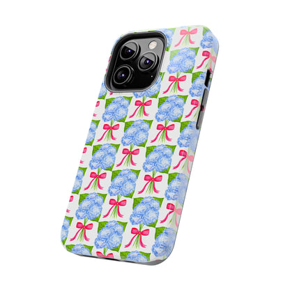 Blue Watercolor Hydrangea Bouquets with Hot Pink Bows Illustrated Patterned Tough Phone Case | Various Models