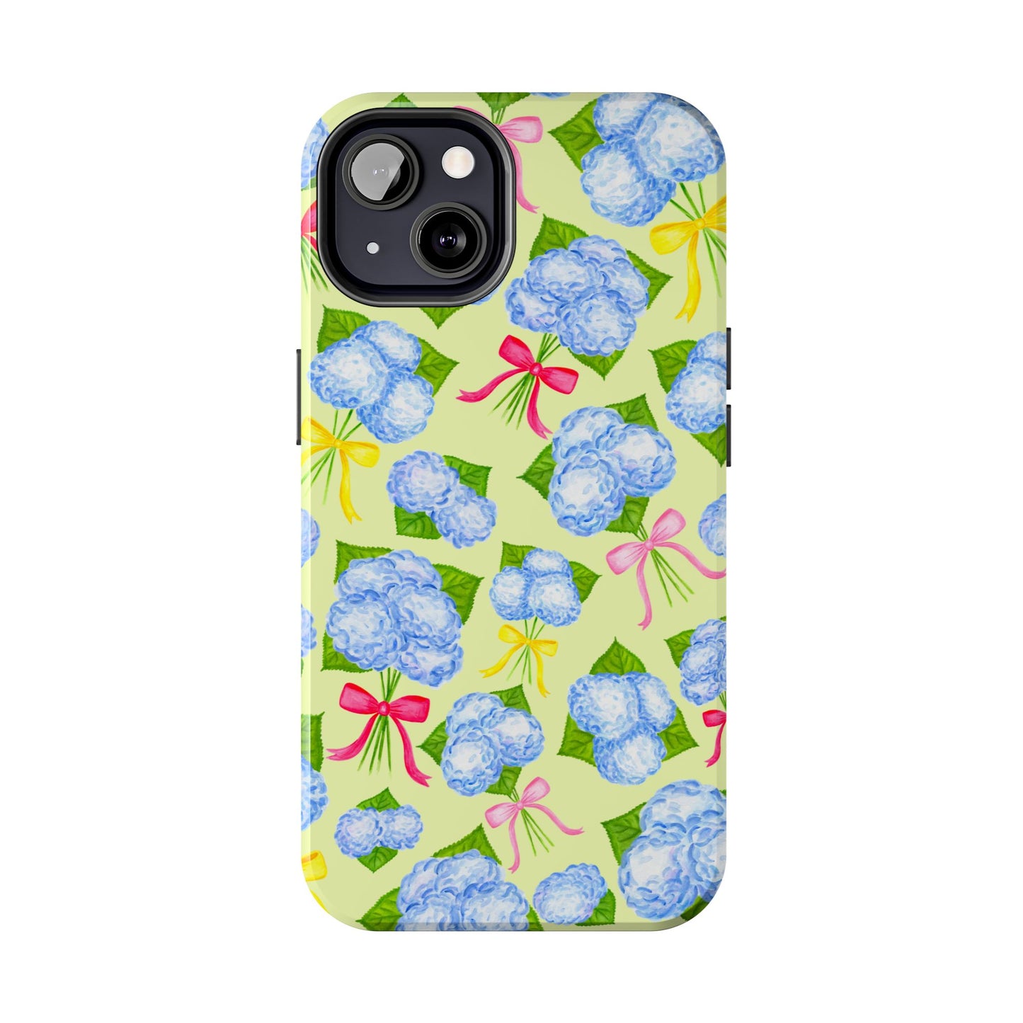Blue Watercolor Hydrangea Bunches with Hot Pink, Yellow, Light Pink Bows Illustrated Patterned Yellow Tough Phone Case | Various Models