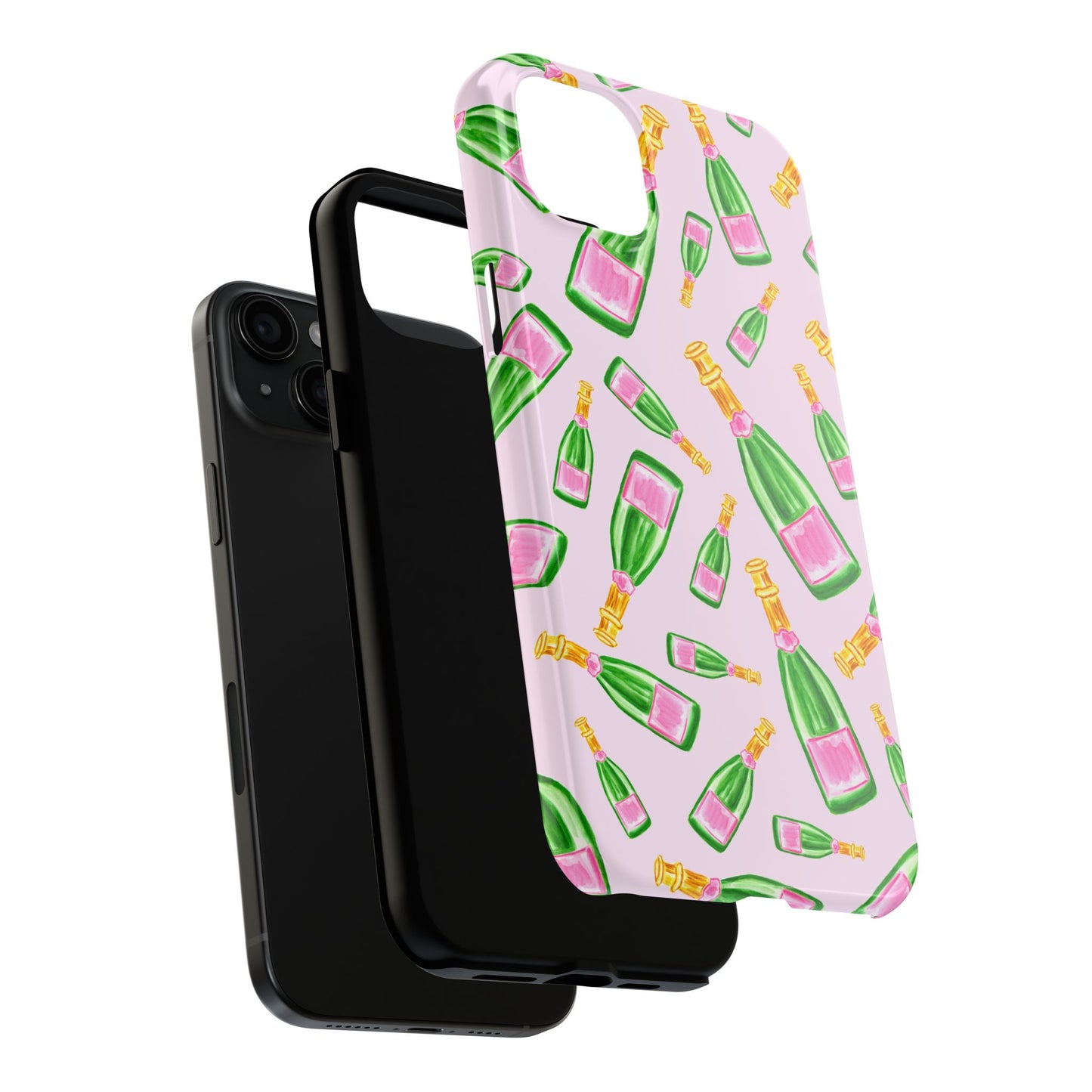 Tossed Pink and Green Watercolor Illustrated Champagne Bottles Pattern Blush Pink Tough Phone Case | Various Models