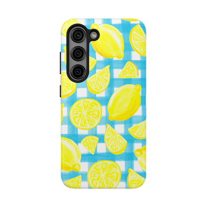 Yellow Lemons & Turquoise Gingham Watercolor Illustrated Tough Phone Case | Various Models Available