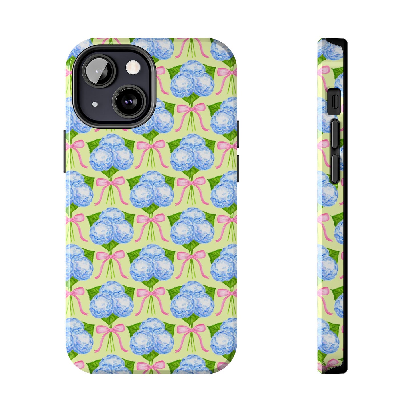 Blue Watercolor Hydrangea Bouquets with Light Pink Bows Watercolor Illustrated Patterned Yellow Tough Phone Case | Various Models