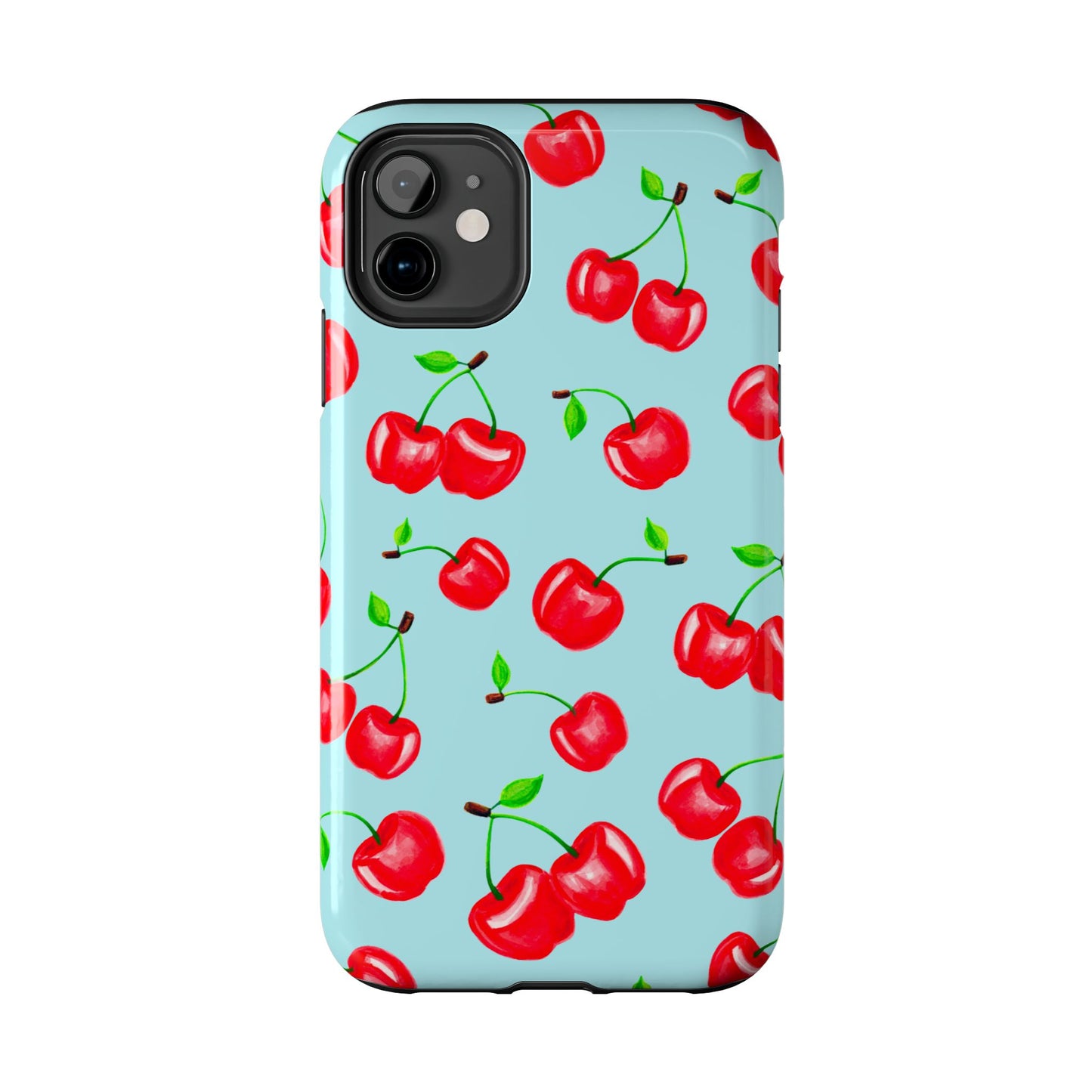 Tossed Red Watercolor Cherries Illustrated Pattern Bright Blue Tough Phone Case | Various Models
