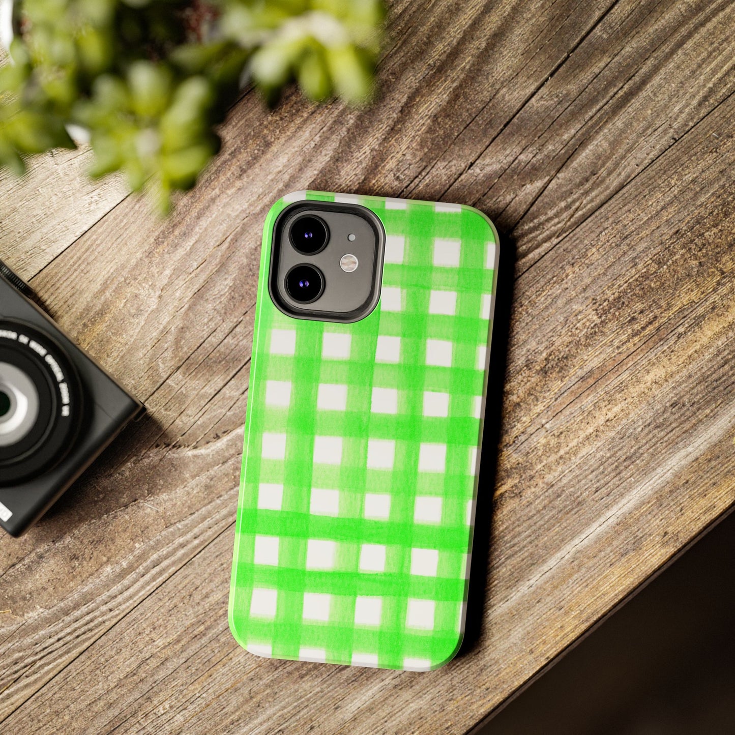 Lime Green Gingham Watercolor Illustrated Tough Phone Case | Various Models Available