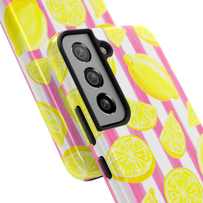 Pink Lemonade Yellow Lemons with Pink & White Watercolor Stripes Tough Phone Case
