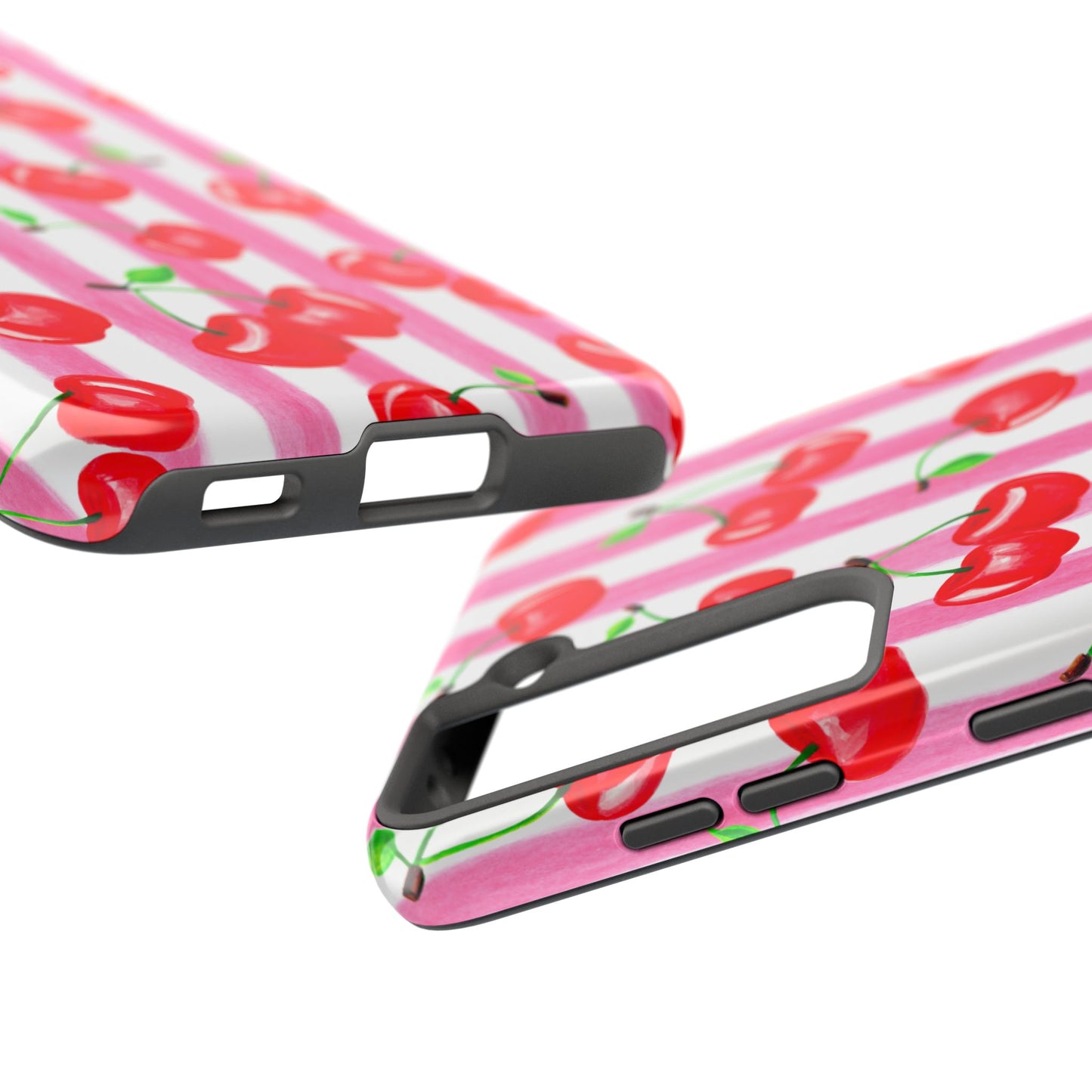 Tossed Red Watercolor Cherries Illustrated Pattern Light Pink Stripes Tough Phone Case | Various Models