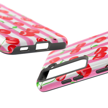 Tossed Red Watercolor Cherries Illustrated Pattern Light Pink Stripes Tough Phone Case | Various Models