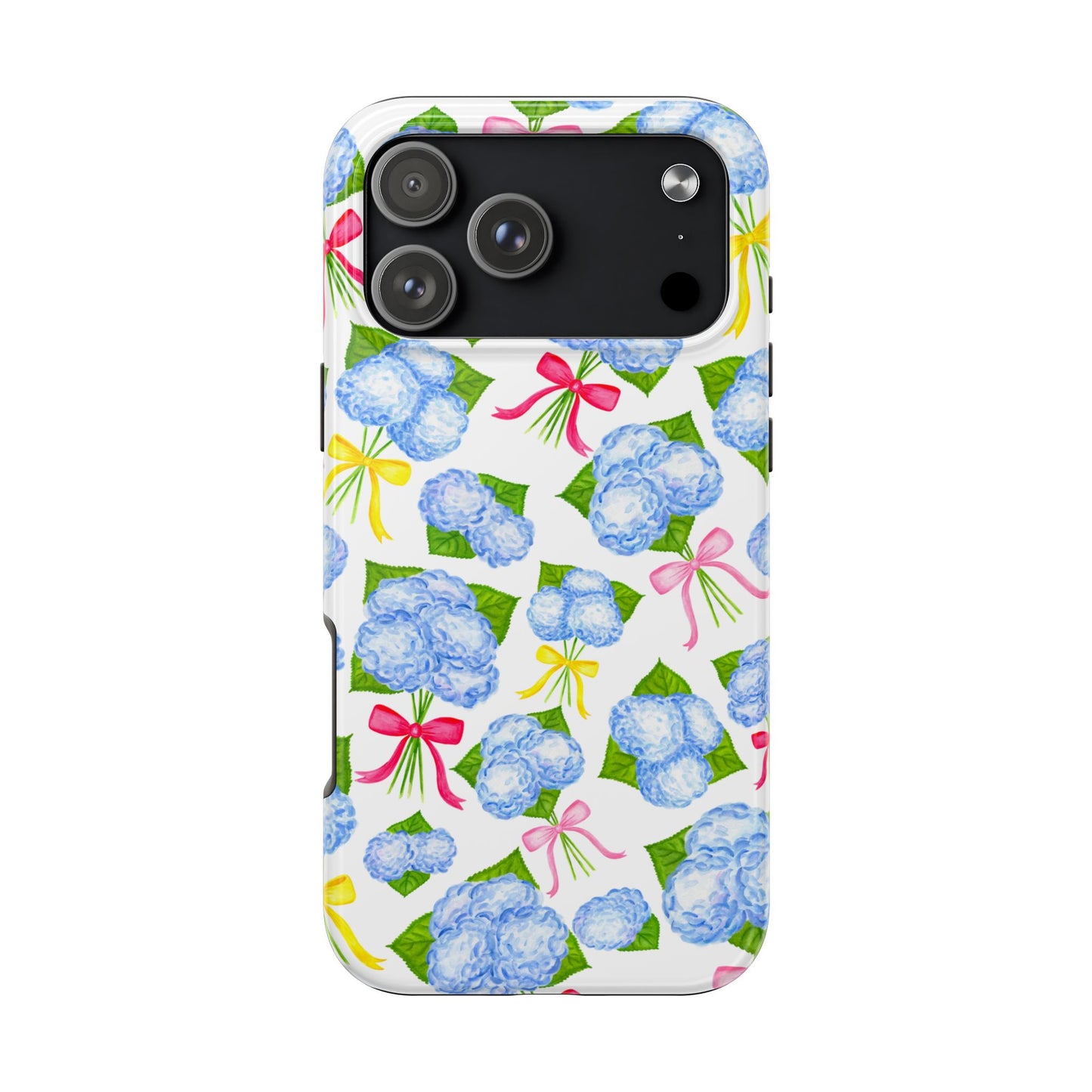 Blue Watercolor Hydrangea Bunches with Hot Pink, Yellow, Light Pink Bows Illustrated Patterned Tough Phone Case | Various Models