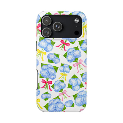 Blue Watercolor Hydrangea Bunches with Hot Pink, Yellow, Light Pink Bows Illustrated Patterned Tough Phone Case | Various Models
