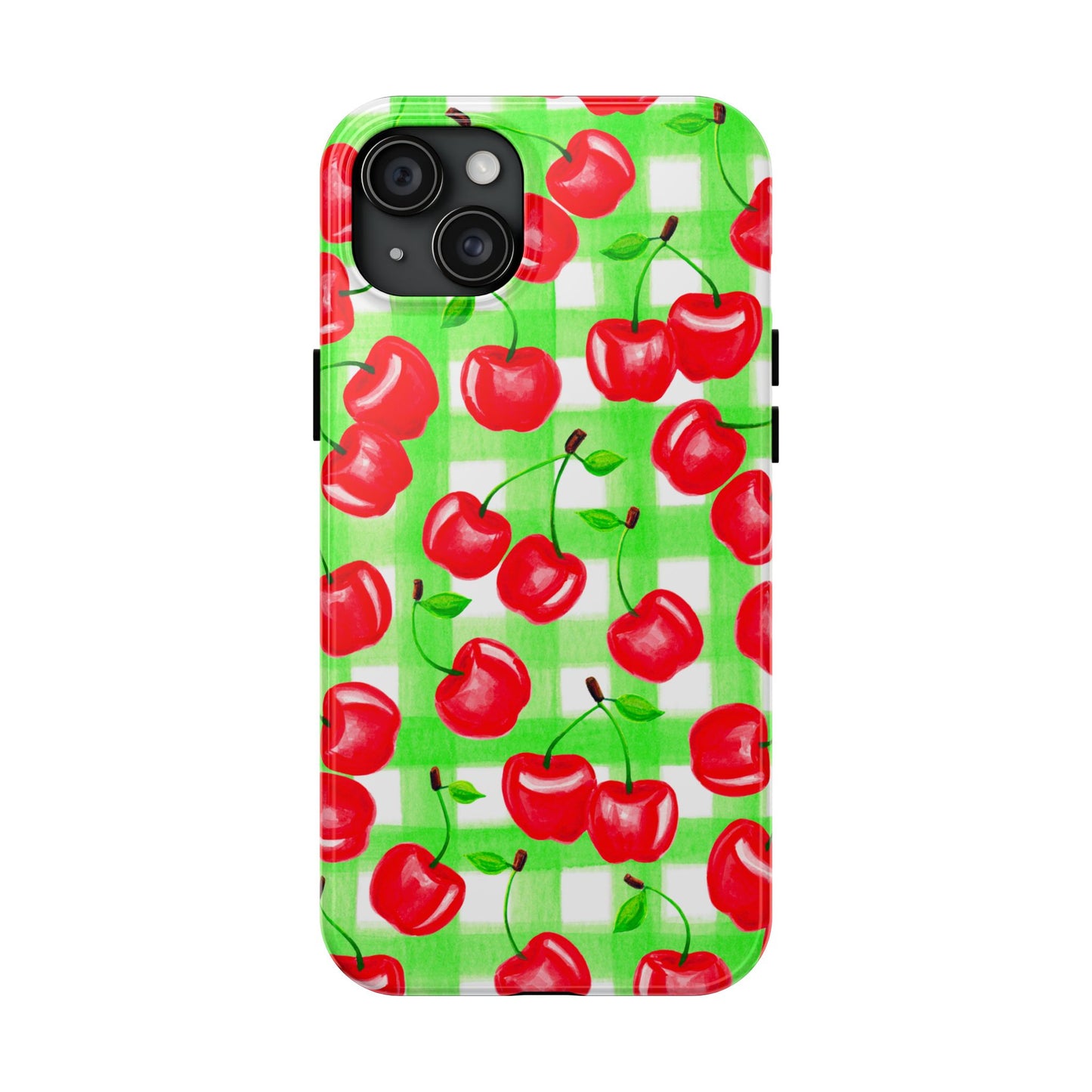 Red Tossed Cherries Green Gingham Watercolor Illustrated Tough Phone Case | Various Models Available