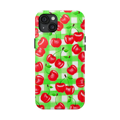 Red Tossed Cherries Green Gingham Watercolor Illustrated Tough Phone Case | Various Models Available