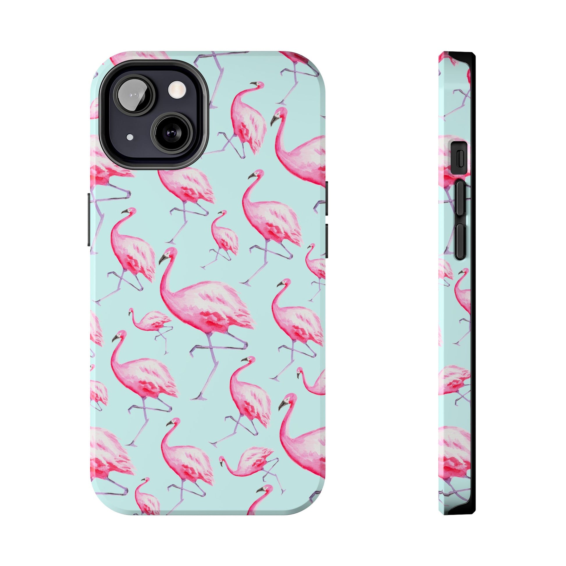 Pink Flamingos Watercolor Illustrated Tossed Pattern Blue Phone Case | Various Models iPhone 13