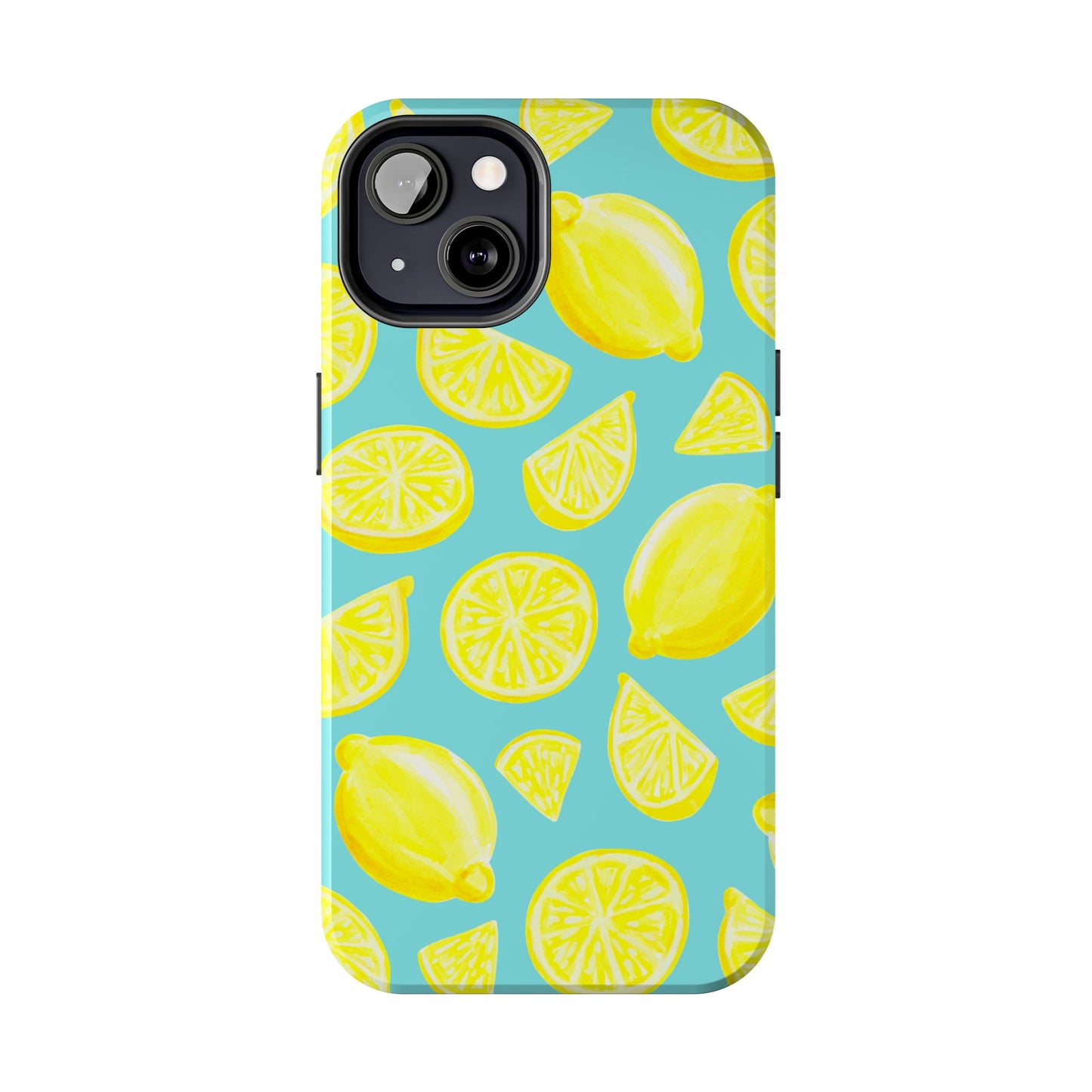 Bright Yellow Lemons Watercolor Illustrated Tossed Pattern Turquoise Blue Tough Phone Case | Various Models