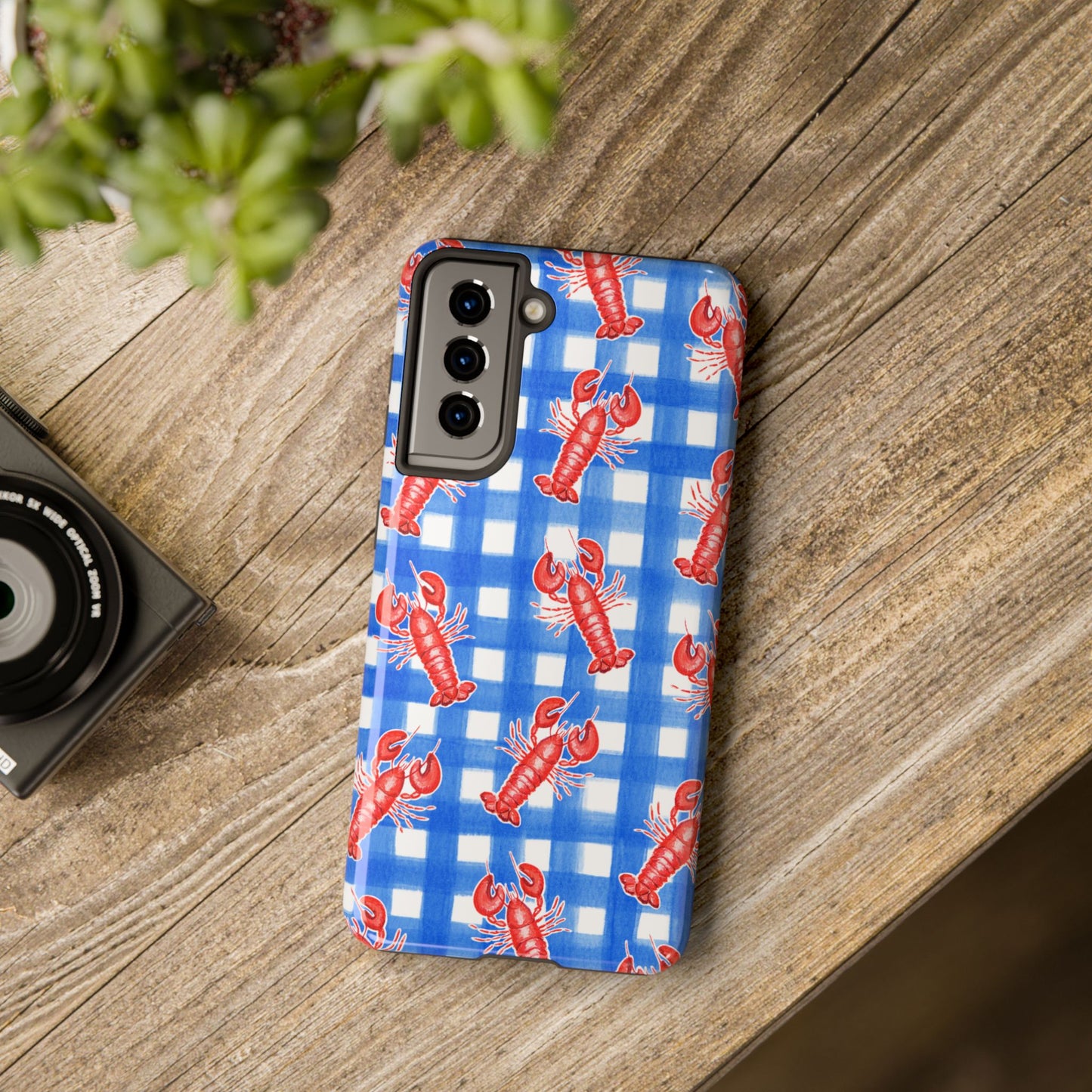 Blue Gingham Red Lobster Watercolor Patterned Phone Case | Various Models