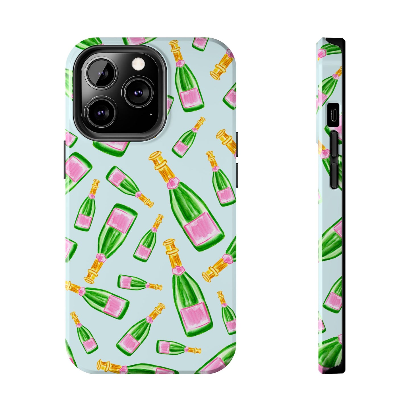 Tossed Pink and Green Watercolor Illustrated Champagne Bottles Pattern Light Blue Tough Phone Case | Various Models