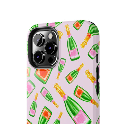 Tossed Pink and Green & Orange and Green Watercolor Illustrated Champagne Bottles Pattern Blush Pink Tough Phone Case | Various Models