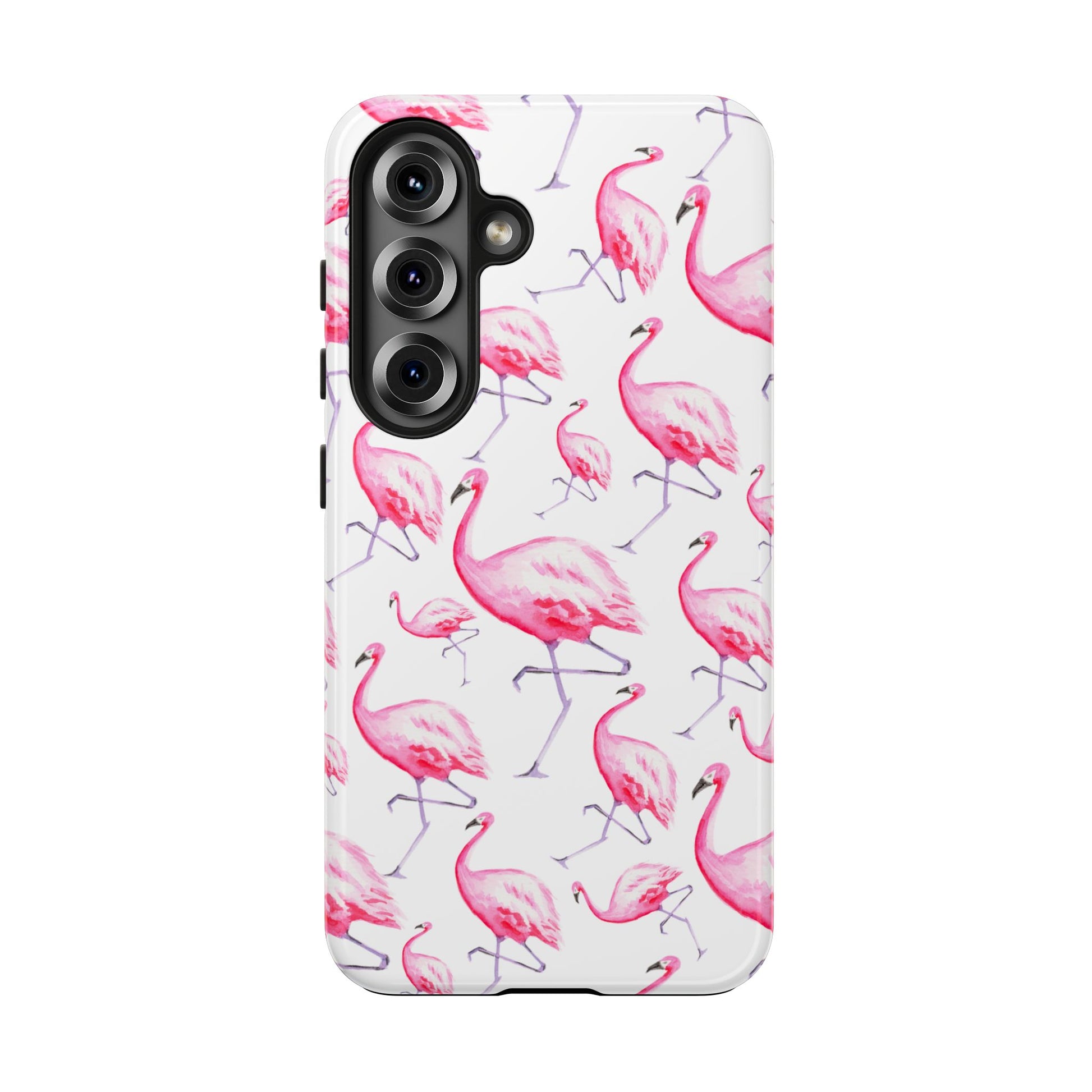 Hot Pink Flamingos Watercolor Illustrated Tossed Pattern Phone Case | Various Models Samsung Galaxy S25