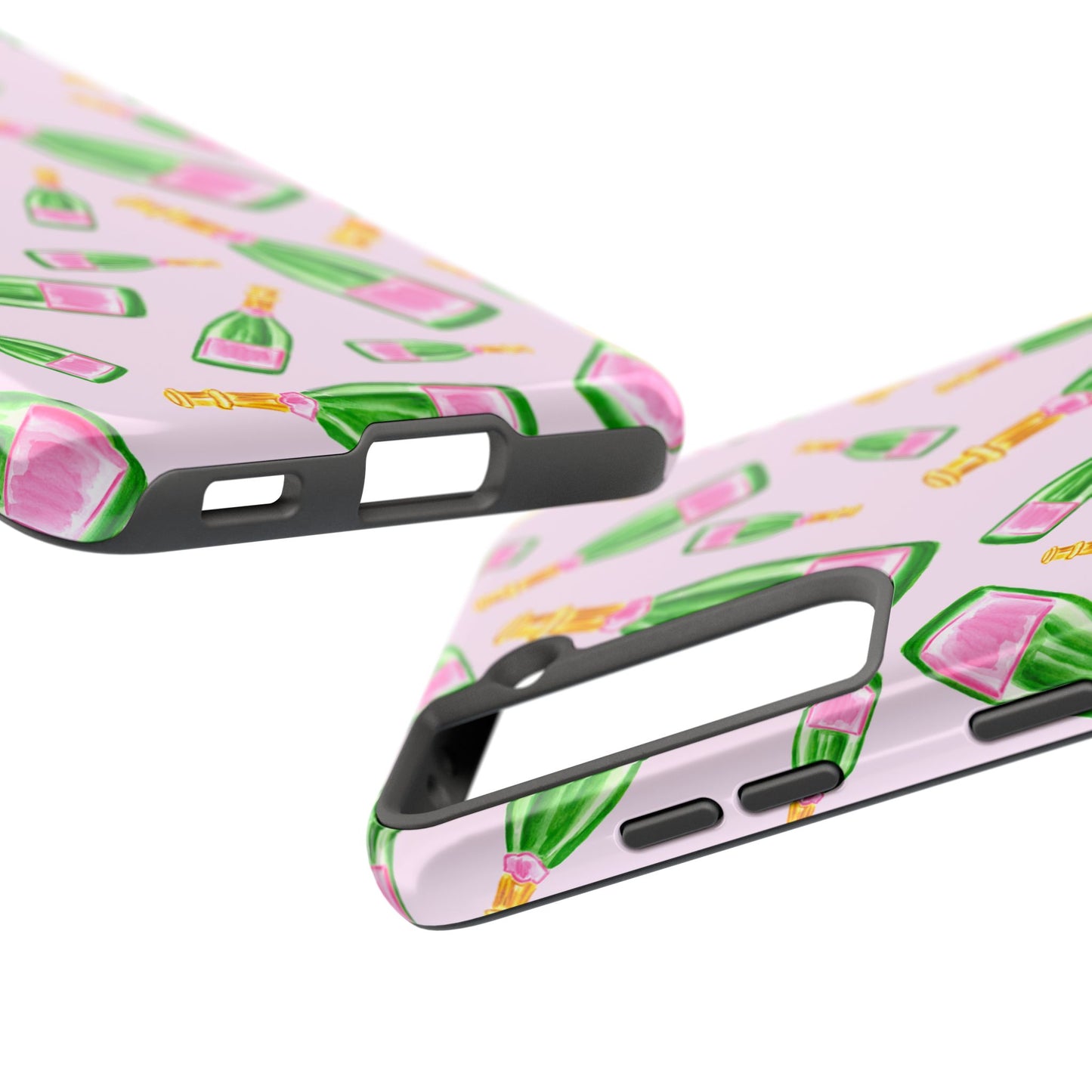 Tossed Pink and Green Watercolor Illustrated Champagne Bottles Pattern Blush Pink Tough Phone Case | Various Models
