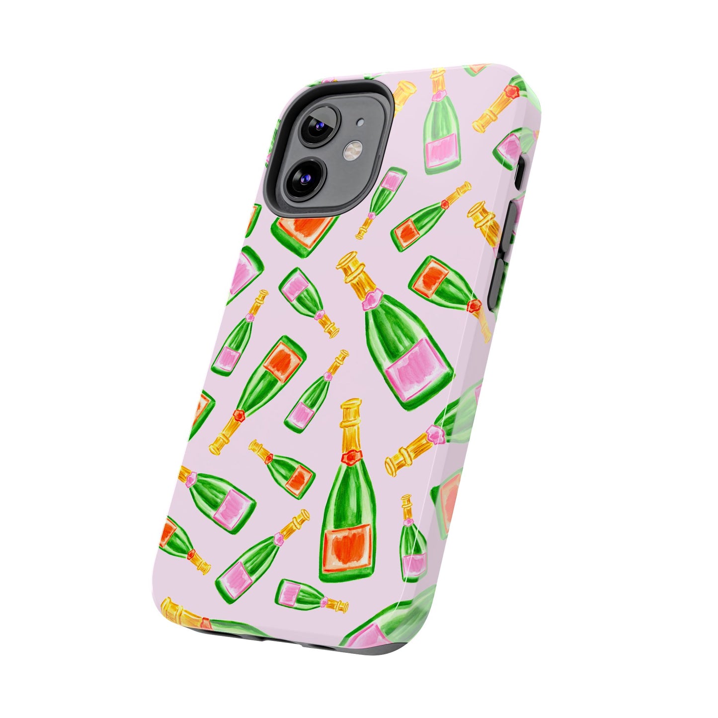 Tossed Pink and Green & Orange and Green Watercolor Illustrated Champagne Bottles Pattern Blush Pink Tough Phone Case | Various Models