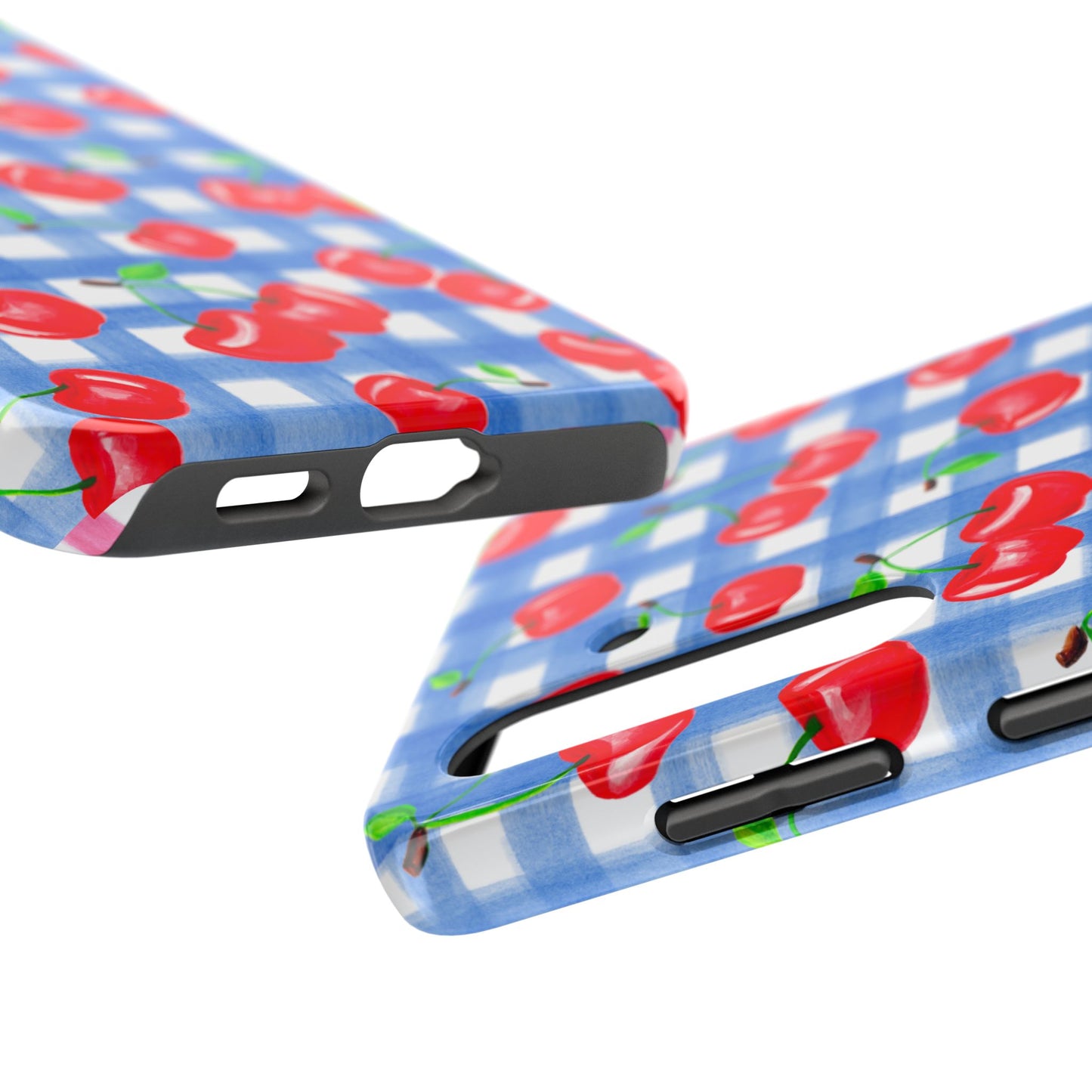 Tossed Red Watercolor Illustrated Cherries Light Blue Gingham Tough Phone Case | Various Models