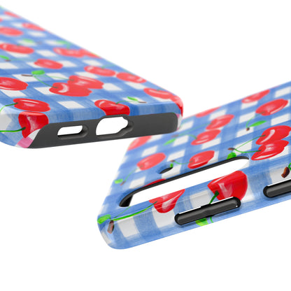 Tossed Red Watercolor Illustrated Cherries Light Blue Gingham Tough Phone Case | Various Models