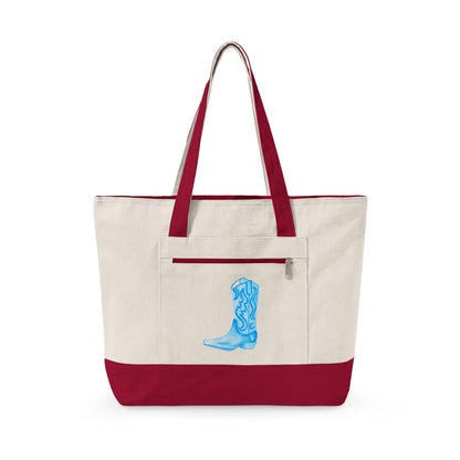 Light Blue Cowboy Boot Watercolor Printed Zippered Canvas Tote 18" x 14" | Various Colors