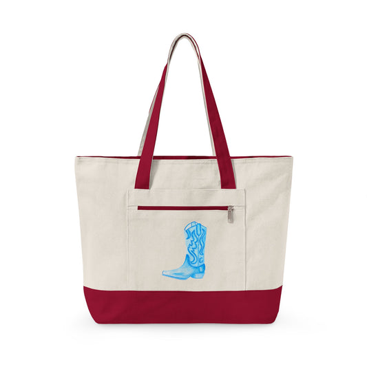 Light Blue Cowboy Boot Watercolor Printed Zippered Canvas Tote 18" x 14" | Various Colors 18" x 14" x 4.5" Natural Red