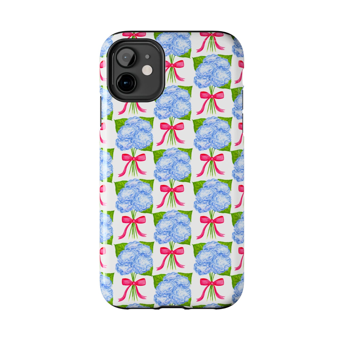 Blue Watercolor Hydrangea Bouquets with Hot Pink Bows Illustrated Patterned Tough Phone Case | Various Models