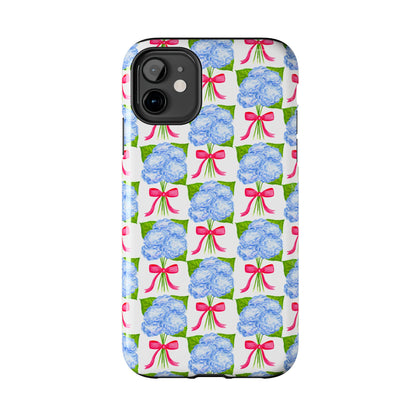 Blue Watercolor Hydrangea Bouquets with Hot Pink Bows Illustrated Patterned Tough Phone Case | Various Models