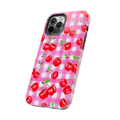 Tossed Red Watercolor Cherries Illustrated Pattern Light Pink Gingham Tough Phone Case | Various Models