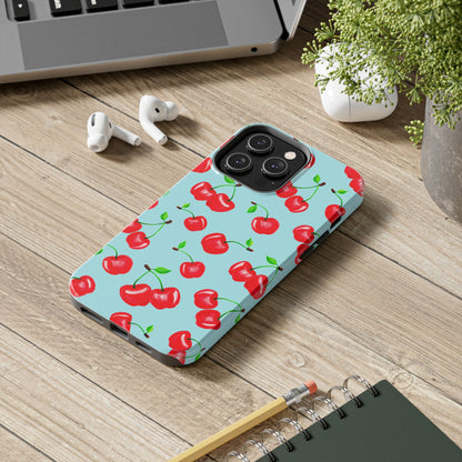 Tossed Red Watercolor Cherries Illustrated Pattern Bright Blue Tough Phone Case | Various Models