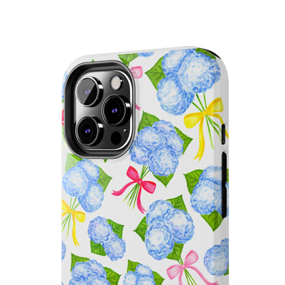 Blue Watercolor Hydrangea Bunches with Hot Pink, Yellow, Light Pink Bows Illustrated Patterned Tough Phone Case | Various Models