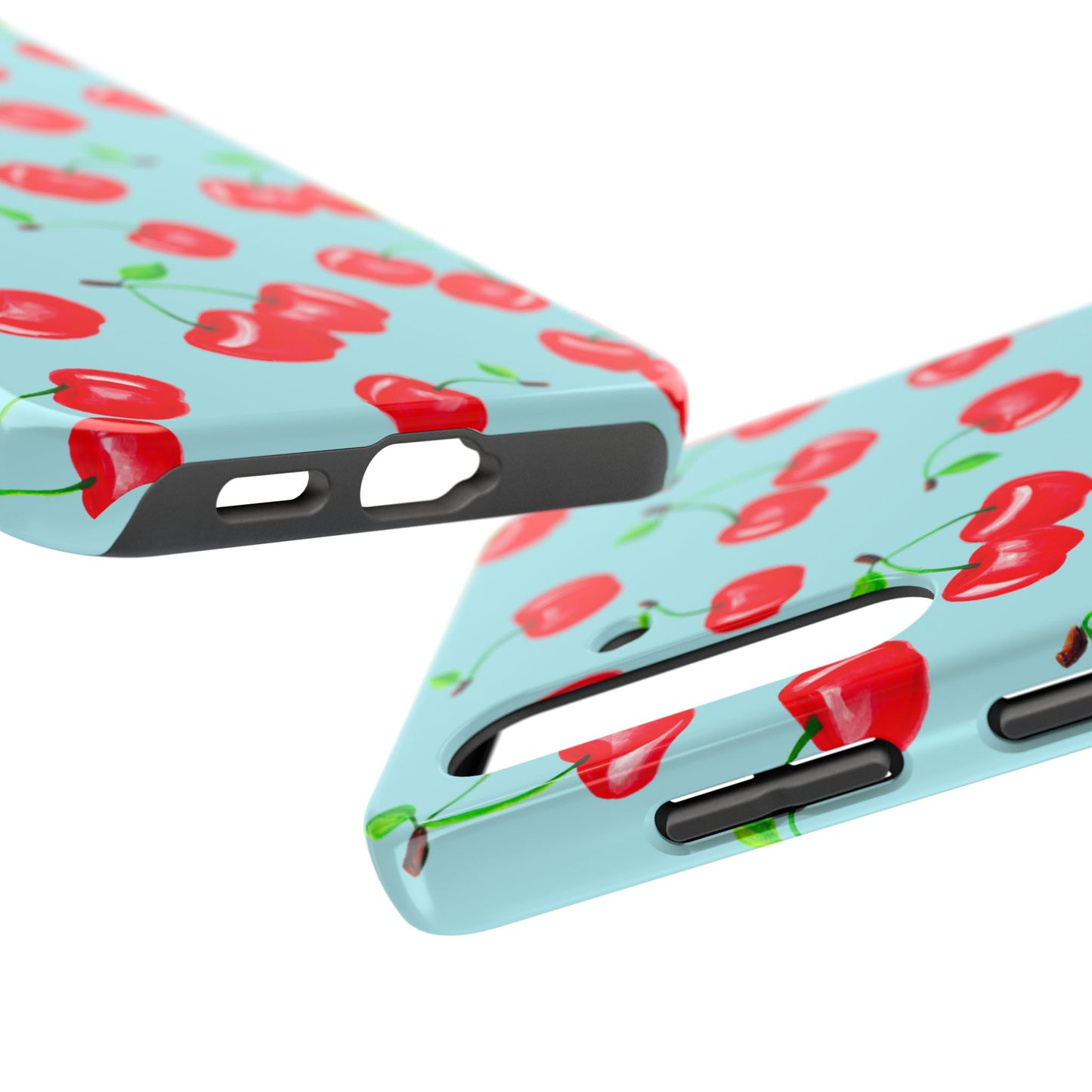 Tossed Red Watercolor Cherries Illustrated Pattern Bright Blue Tough Phone Case | Various Models