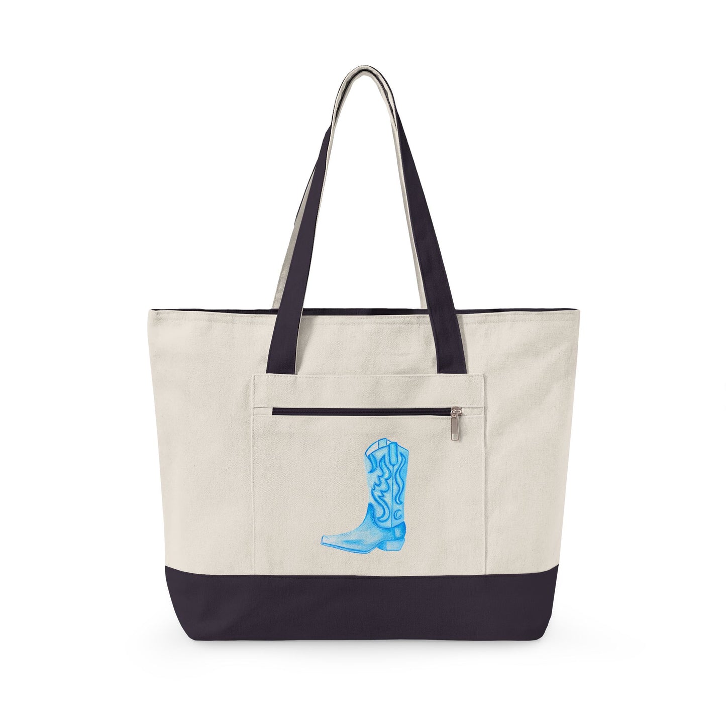 Light Blue Cowboy Boot Watercolor Printed Zippered Canvas Tote 18" x 14" | Various Colors