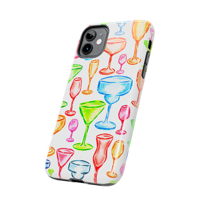 Monochromatic Margarita, Wine, Martini, and Champagne Flute Cocktail Glasses Watercolor Illustrated Tough Phone Case | Various Models Available