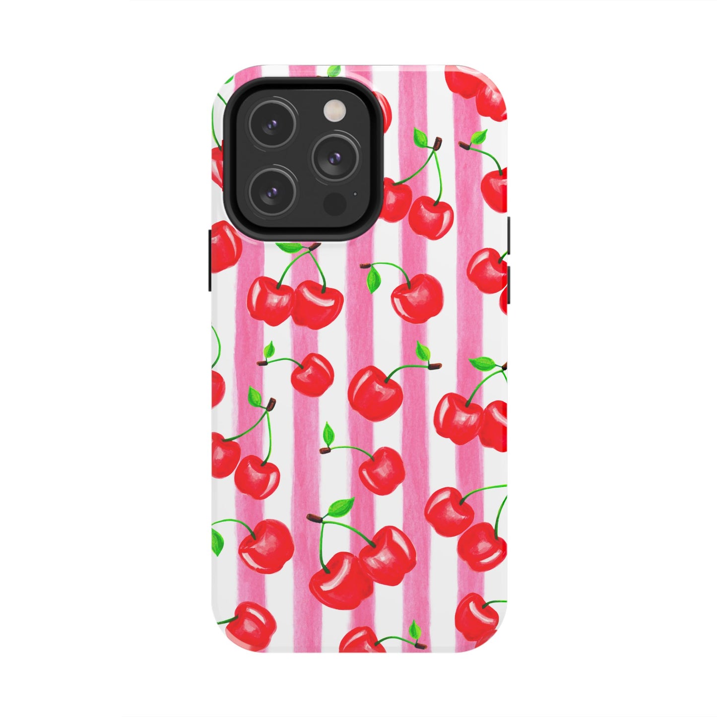 Tossed Red Watercolor Cherries Illustrated Pattern Light Pink Stripes Tough Phone Case | Various Models