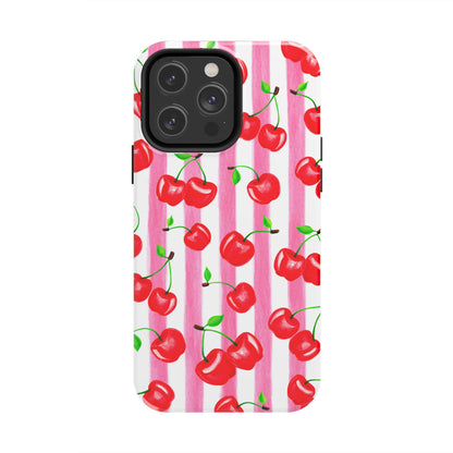 Tossed Red Watercolor Cherries Illustrated Pattern Light Pink Stripes Tough Phone Case | Various Models
