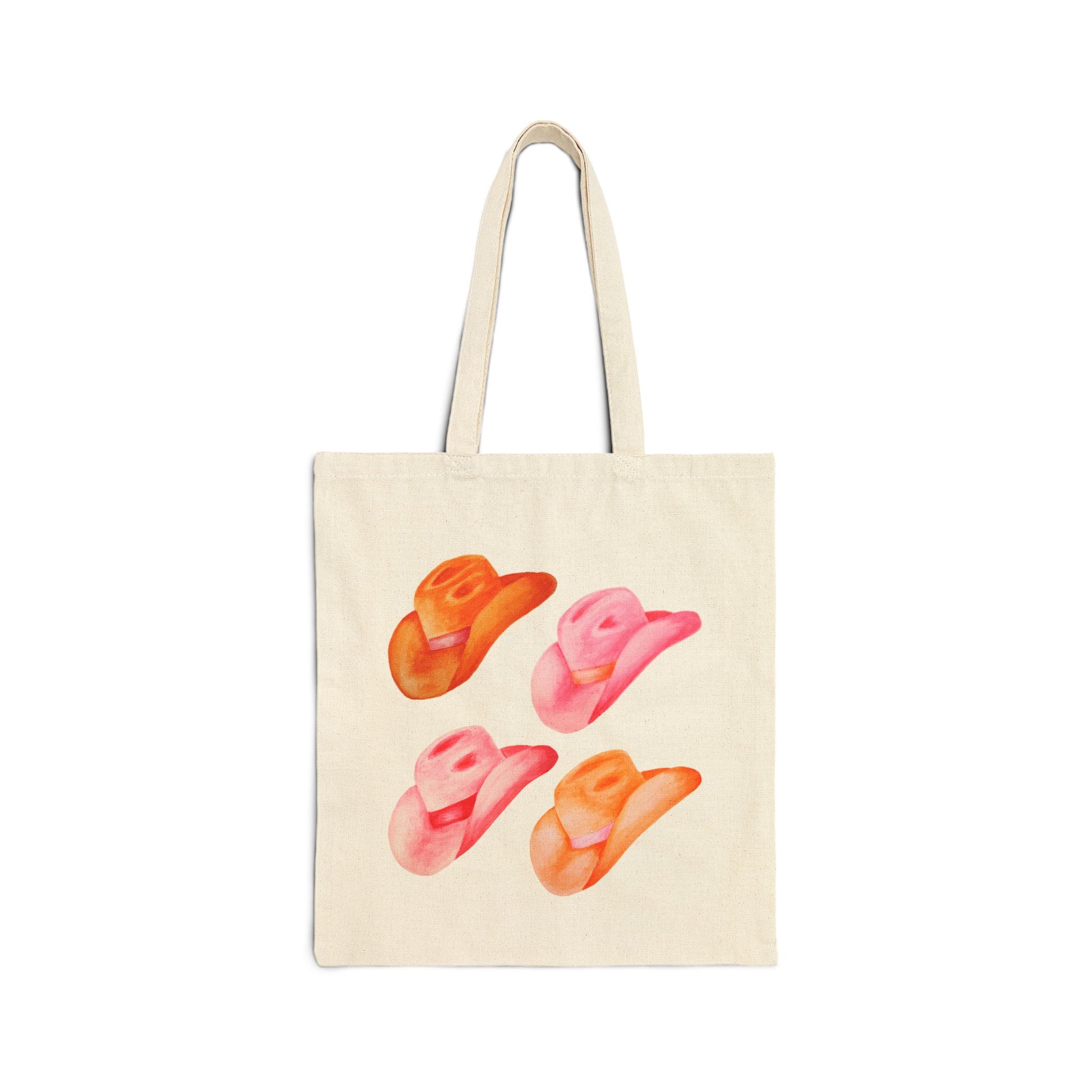 Canvas Tote | Hot Pink and Orange Cowboy Hats Watercolor Illustrated Farmer Market Canvas Tote Bag | Western Preppy Gift | Coastal Cowgirl