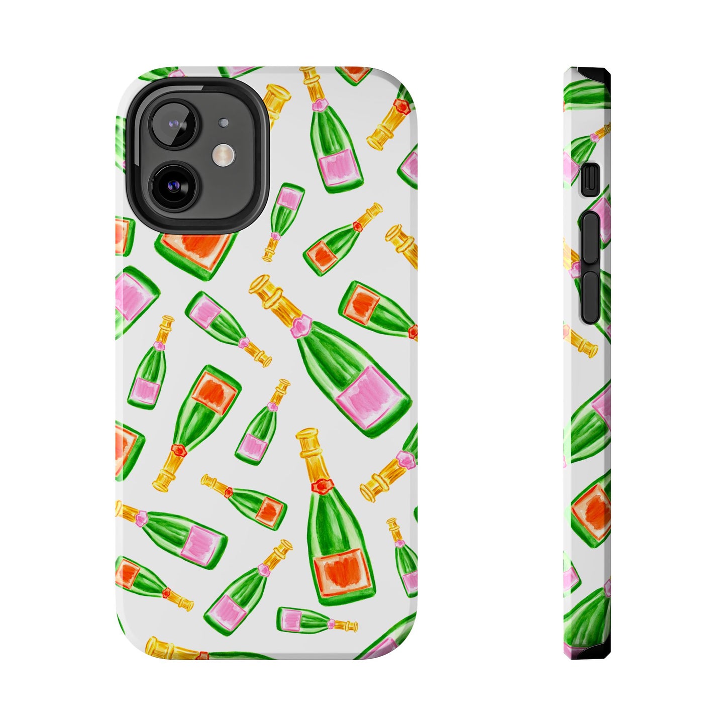 Tossed Pink and Green & Orange and Green Watercolor Illustrated Champagne Bottles Pattern Tough Phone Case | Various Models