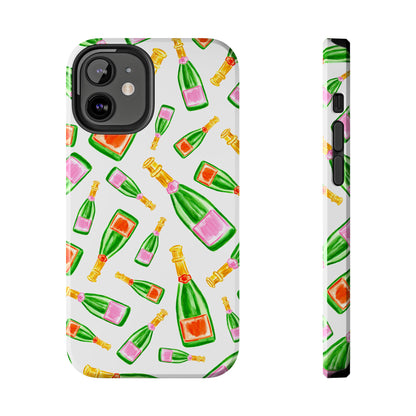 Tossed Pink and Green & Orange and Green Watercolor Illustrated Champagne Bottles Pattern Tough Phone Case | Various Models