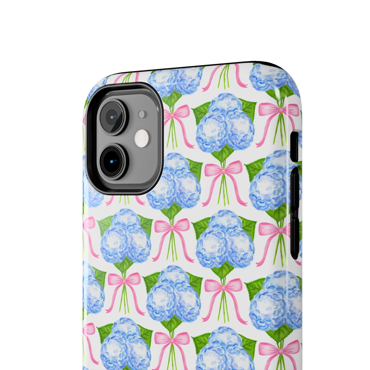 Blue Watercolor Hydrangea Bouqets with Light Pink Bows Watercolor Illustrated Patterned Tough Phone Case | Various Models