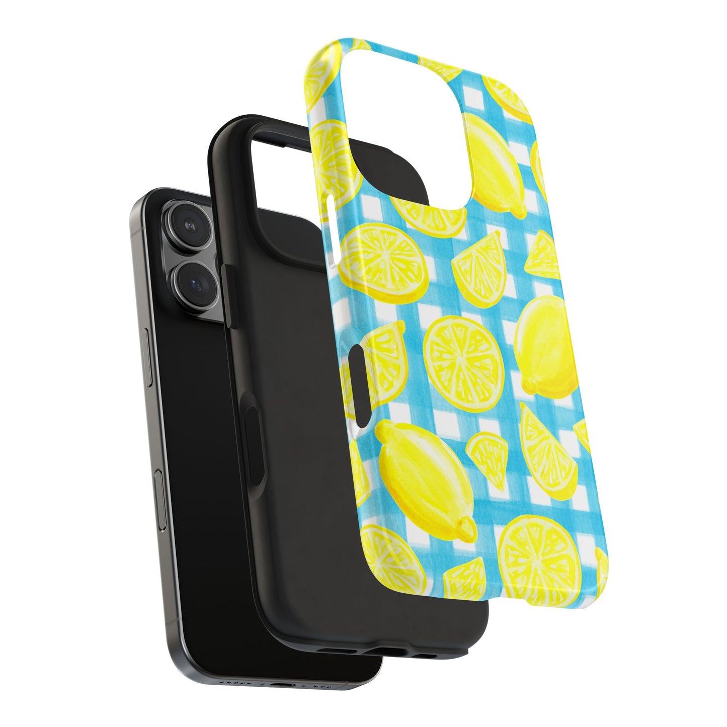 Bright Yellow Lemons Watercolor Illustrated Tossed Pattern Turquoise Gingham Tough Phone Case | Various Models