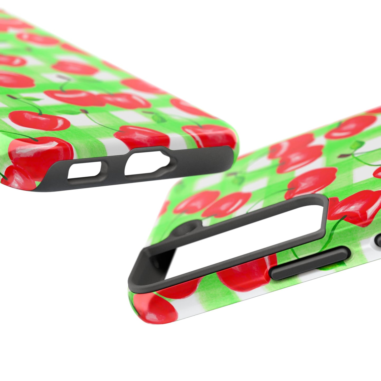 Red Tossed Cherries Green Gingham Watercolor Illustrated Tough Phone Case | Various Models Available