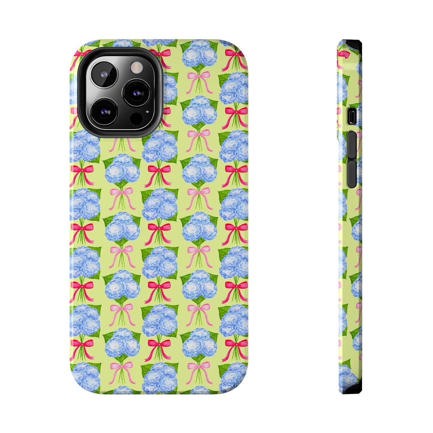Watercolor Blue Hydrangea Bouquets with Hot Pink and Light Pink Bow Ribbons Illustrated Pattern Yellow Tough Phone Case | Various Models