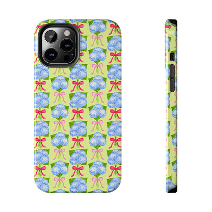 Watercolor Blue Hydrangea Bouquets with Hot Pink and Light Pink Bow Ribbons Illustrated Pattern Yellow Tough Phone Case | Various Models