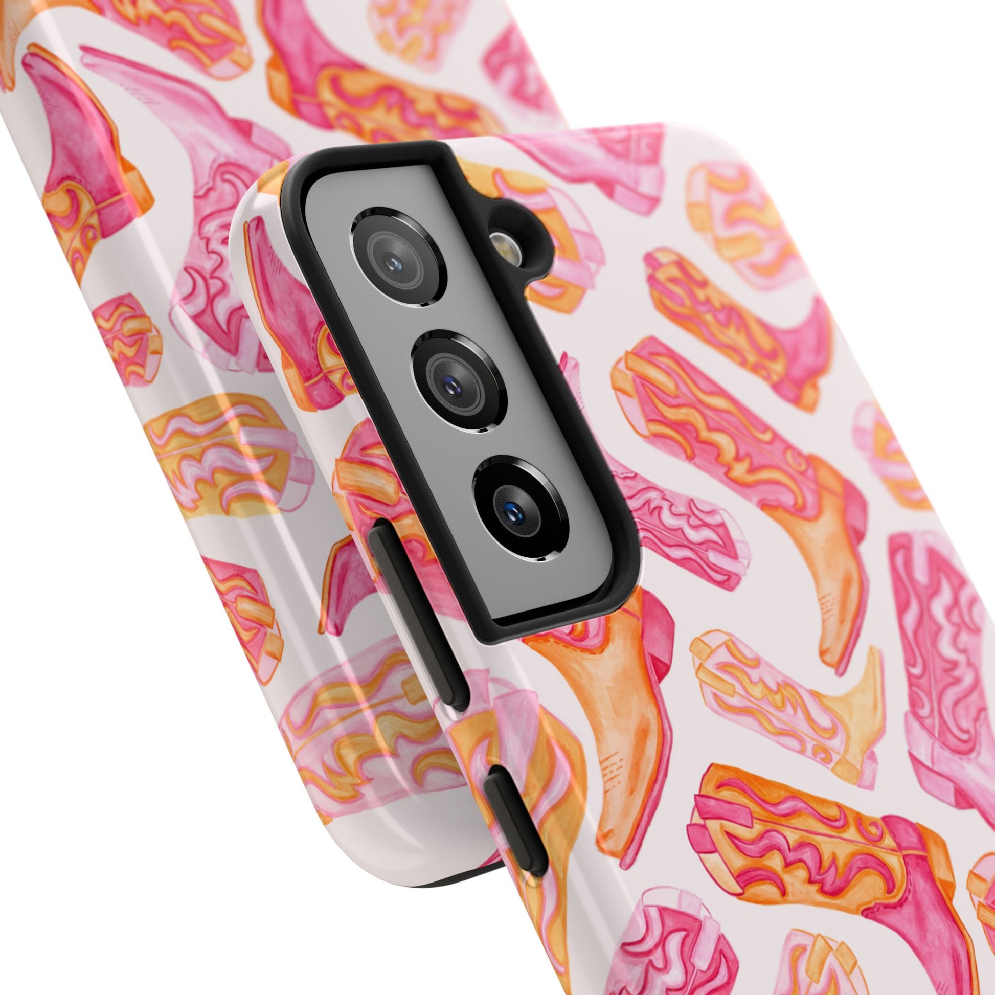 Tossed Hot Pink & Orange Watercolor Cowboy Boots Tough Light Pink Phone Case | Various Models Available