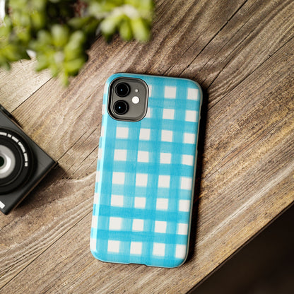 Turquoise Gingham Watercolor Illustrated Tough Phone Case | Various Models Available