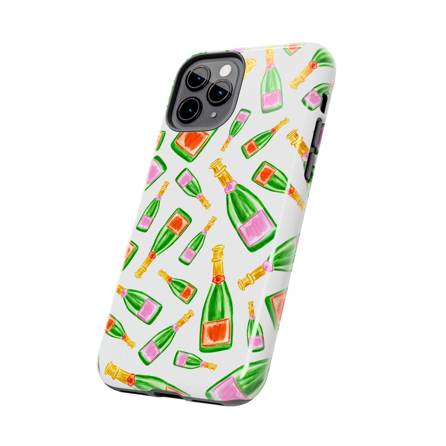 Tossed Pink and Green & Orange and Green Watercolor Illustrated Champagne Bottles Pattern Tough Phone Case | Various Models