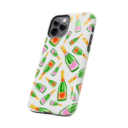 Tossed Pink and Green & Orange and Green Watercolor Illustrated Champagne Bottles Pattern Tough Phone Case | Various Models